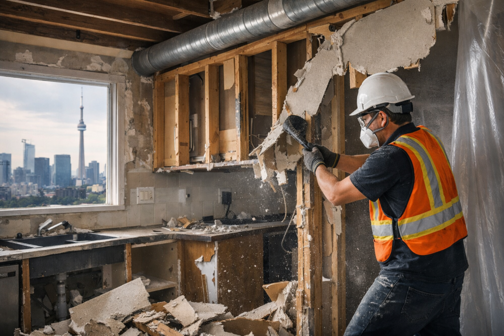 Interior demolition kitchen project in Toronto showing framing and drywall removal for renovation
