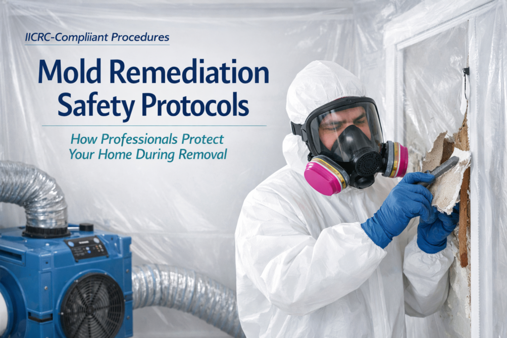 Technician in protective gear inside containment during mold remediation with negative air machine and HEPA filtration