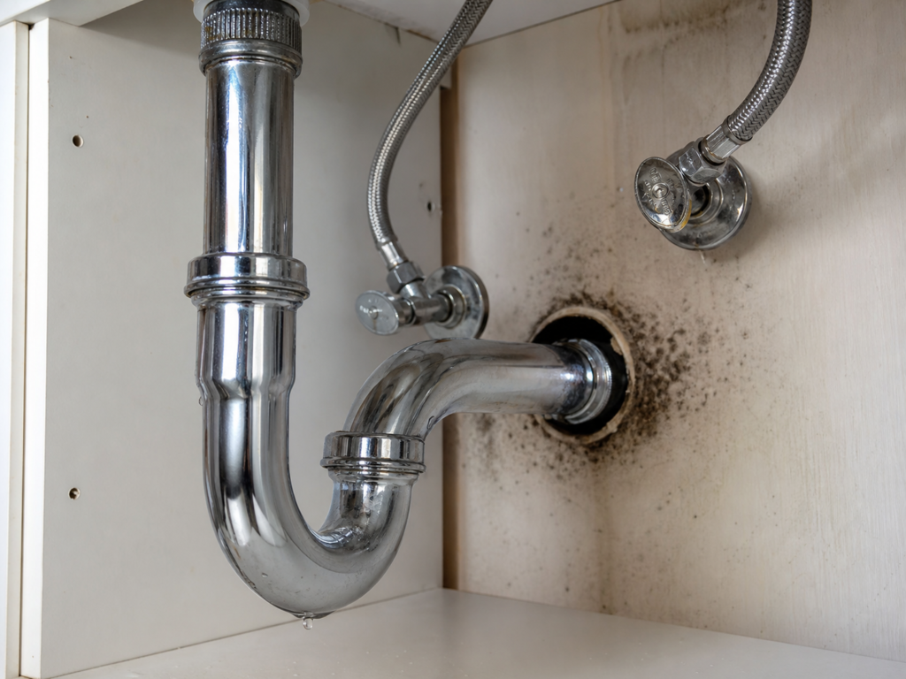 Close-up of mold around bathroom vanity drain pipe and plumbing opening