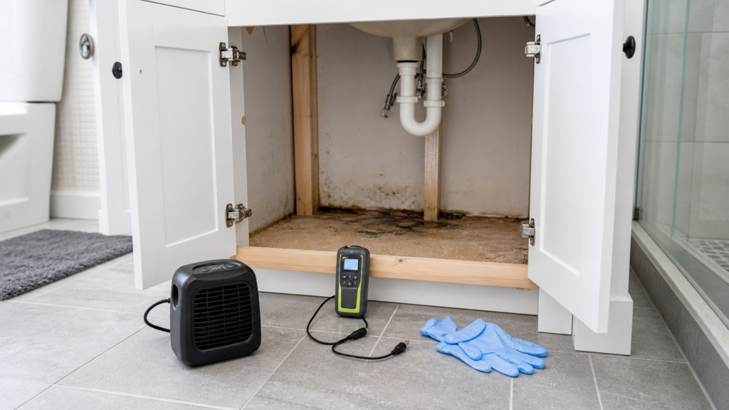 Moisture inspection and drying setup under bathroom vanity after leak damage