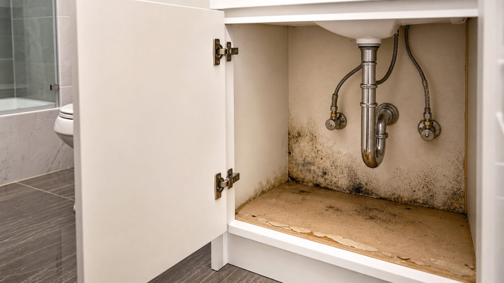 Mold under bathroom vanity around sink pipes and water-damaged cabinet base Mold under bathroom vanity around sink pipes and water-damaged cabinet base