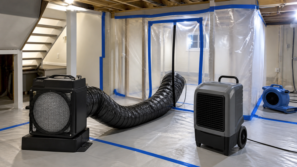 HEPA air scrubber and negative air equipment during mold remediation HEPA air scrubber and negative air equipment during mold remediation