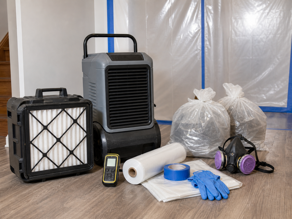 HEPA air scrubber dehumidifier and mold remediation equipment in a home HEPA air scrubber dehumidifier and mold remediation equipment in a home