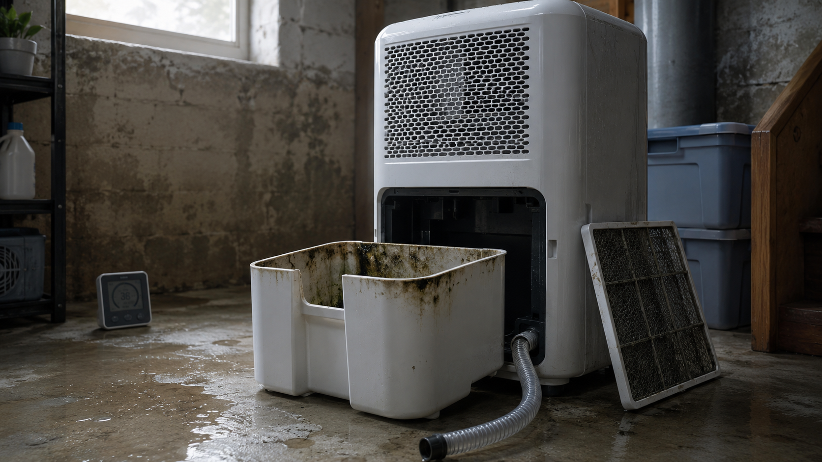 Dehumidifier maintenance in a damp basement