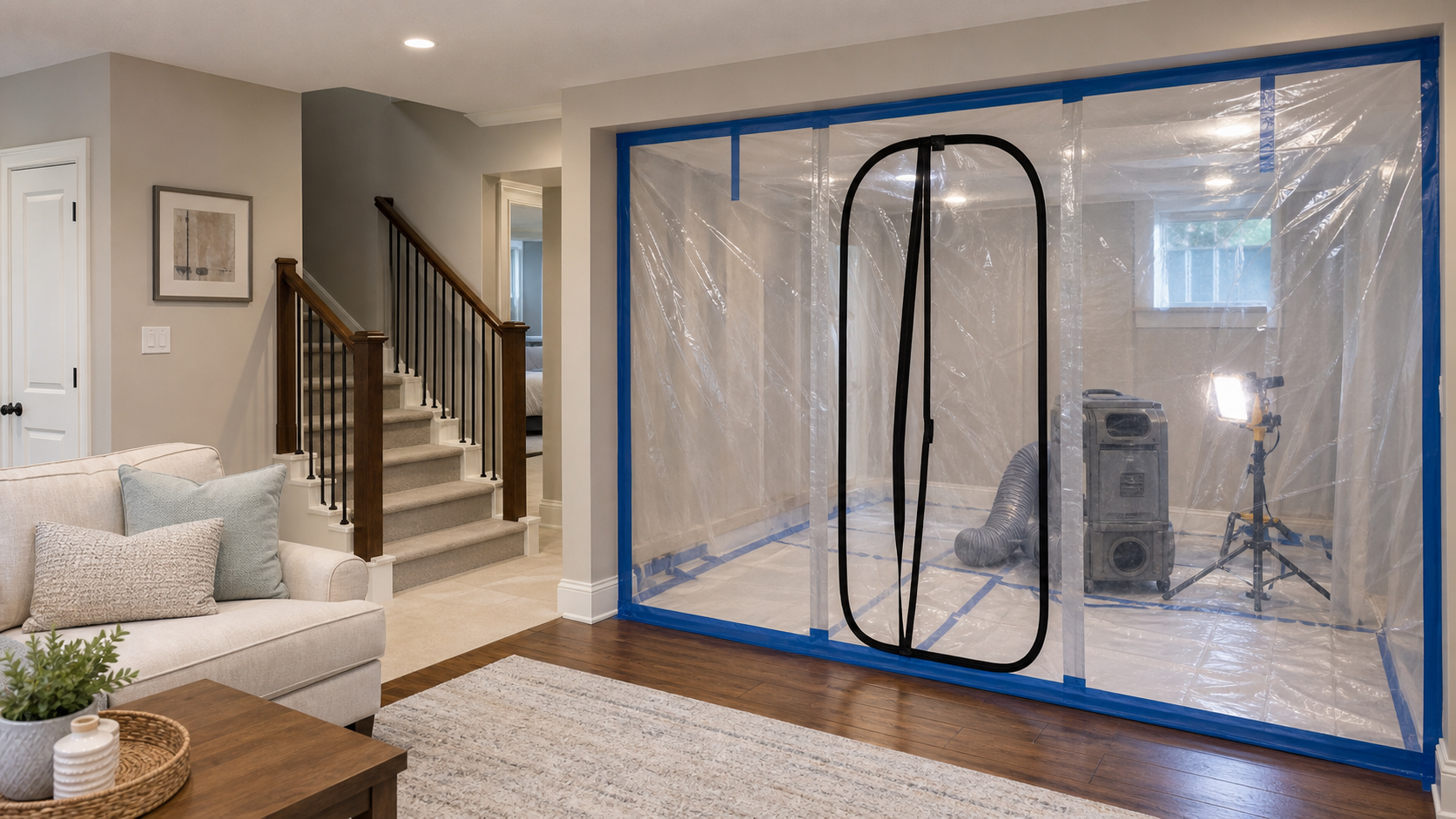 Mold remediation containment separating a work zone from a clean living area