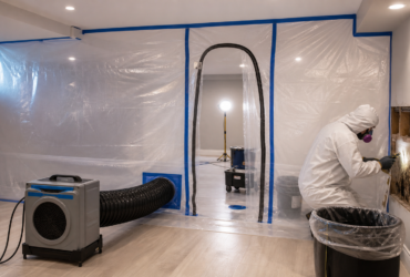 Professional mold remediation containment setup in a Toronto basement